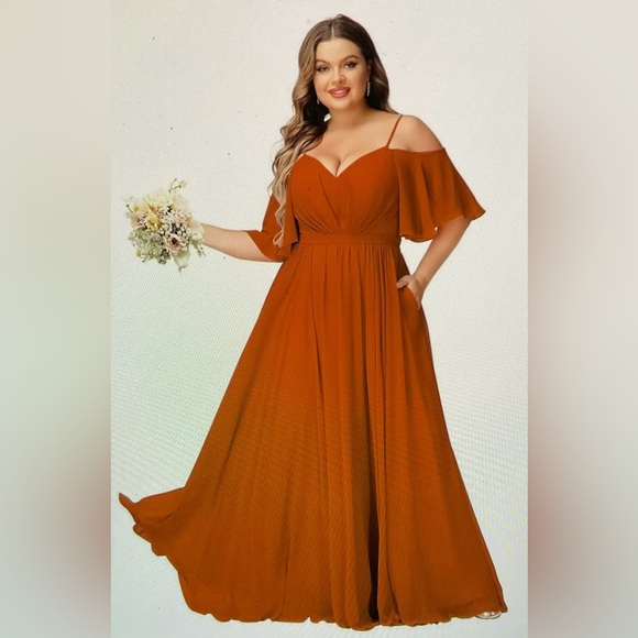 Faeriesty Dresses & Skirts - Elegant Burnt Orange Off-Shoulder Chiffon Dress with Pleating in Bust. Size 18
